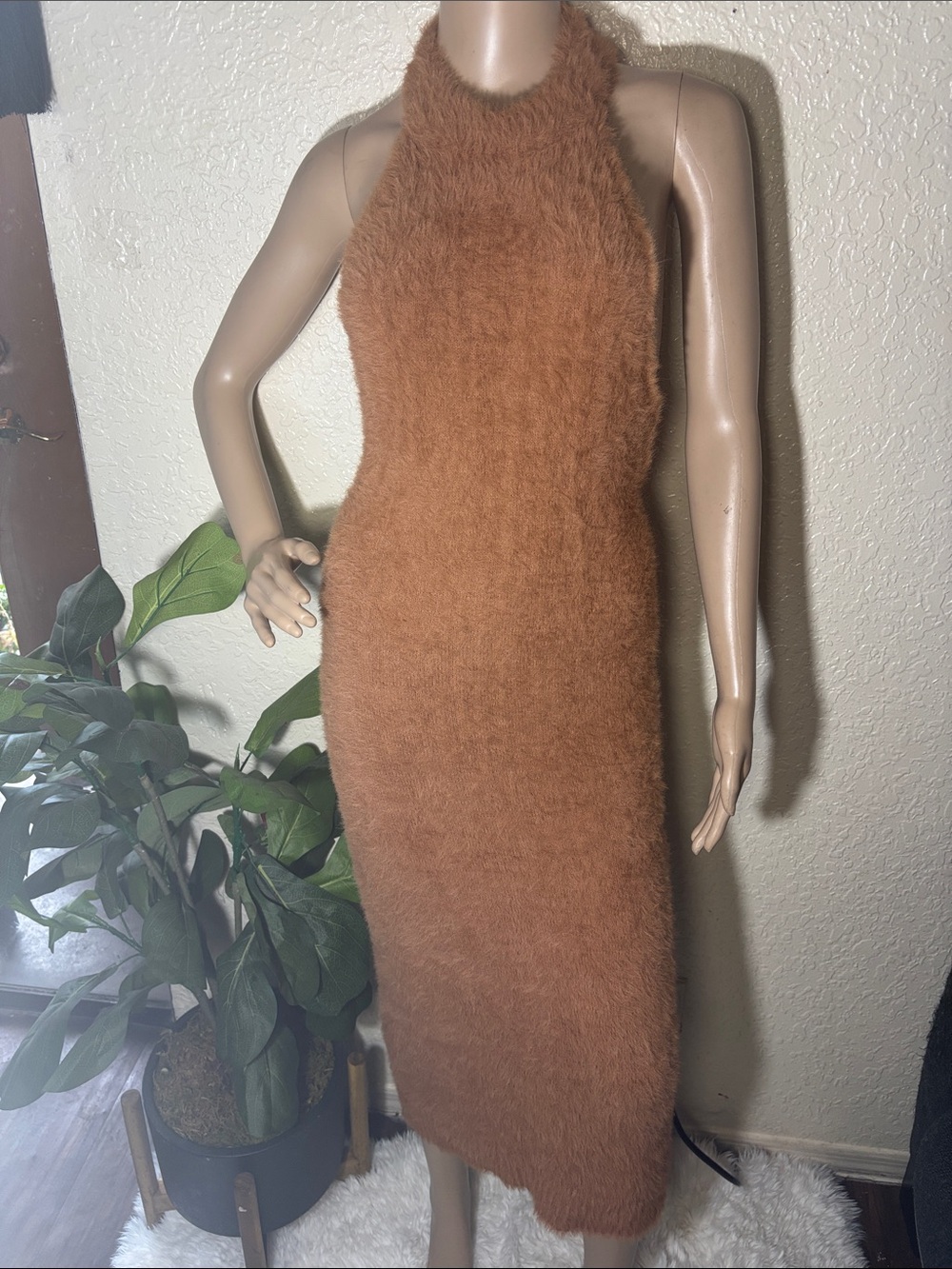 Fashion Nova Fuzzy Halter Maxi Dress in Rust Brown